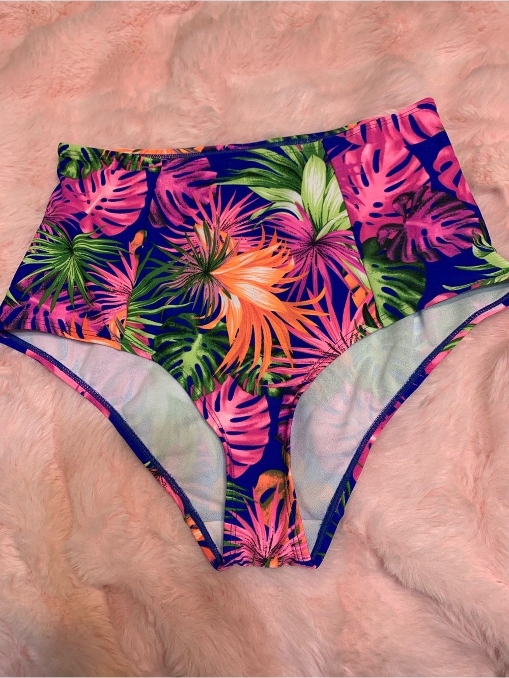 High-Waist Tropical Bikini Bottoms - Pink & Blue Floral